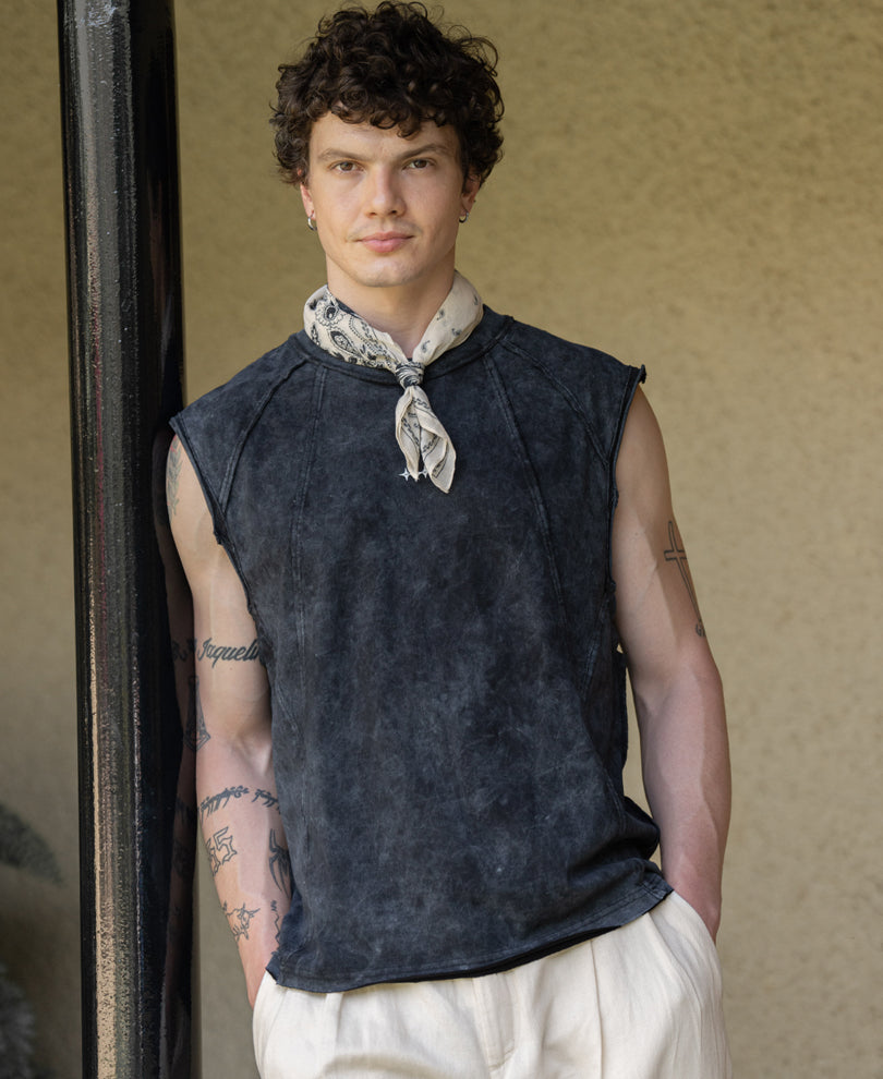 Black Distressed Paneled Vest 100% Cotton