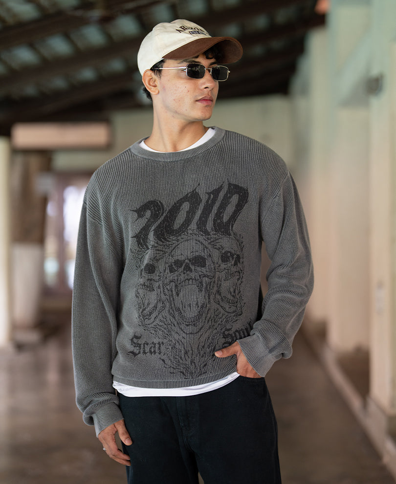 Grey Gothic Print Knit T-Shirt