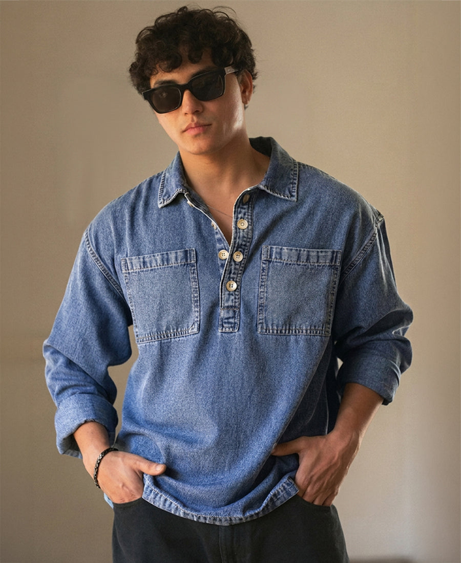 Mid Blue Denim Polo Shirt