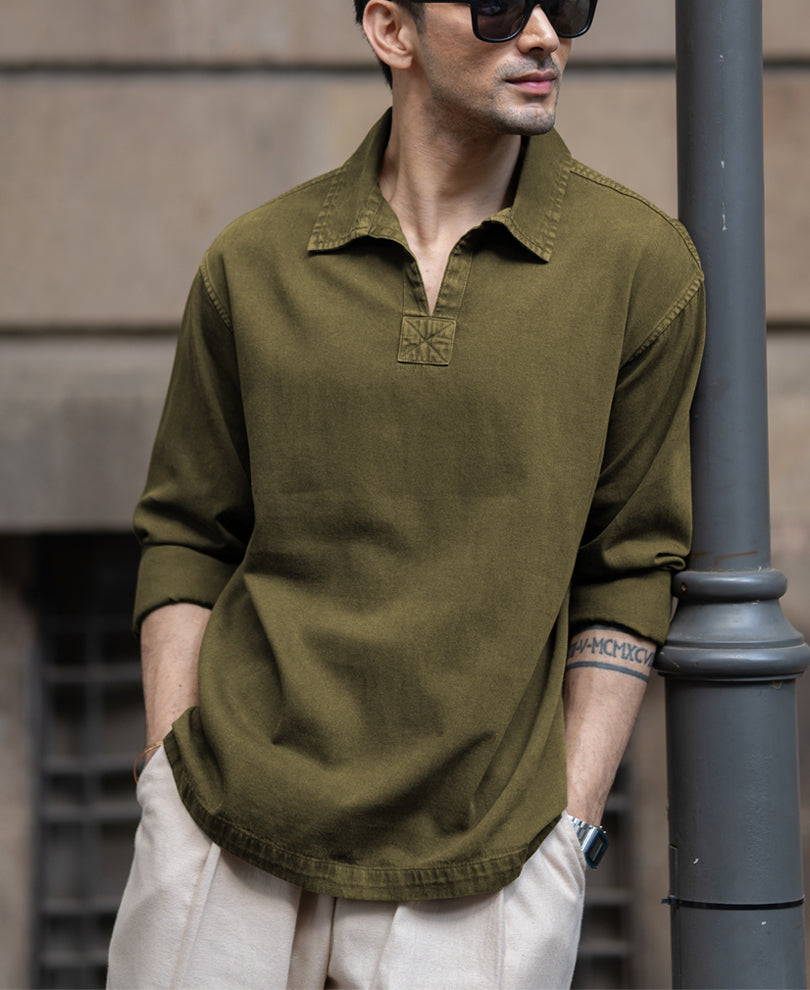 Olive Overdyed Denim Kurta Shirt