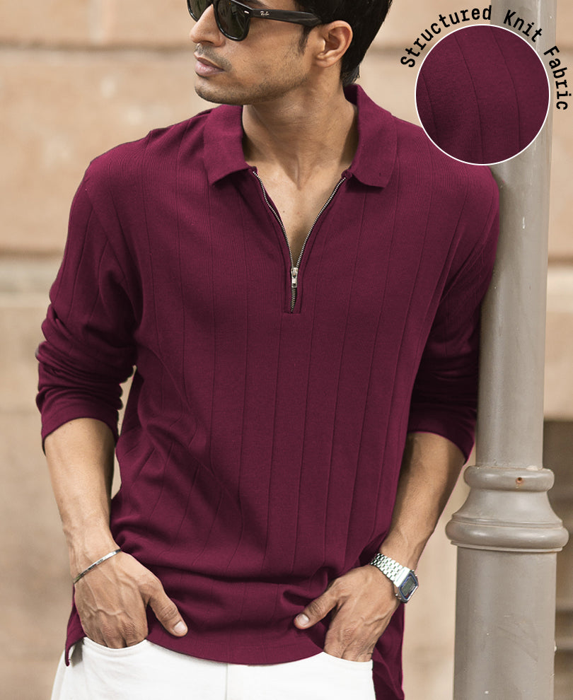 Wine Knitted Zipper Polo T-Shirt 100% Cotton